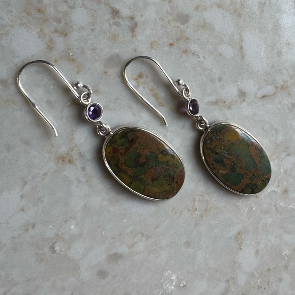 NWOT Sundance Rainforest Night Earrings, Bamboo Jasper, Amethyst, Sterling - Picture 5 of 6